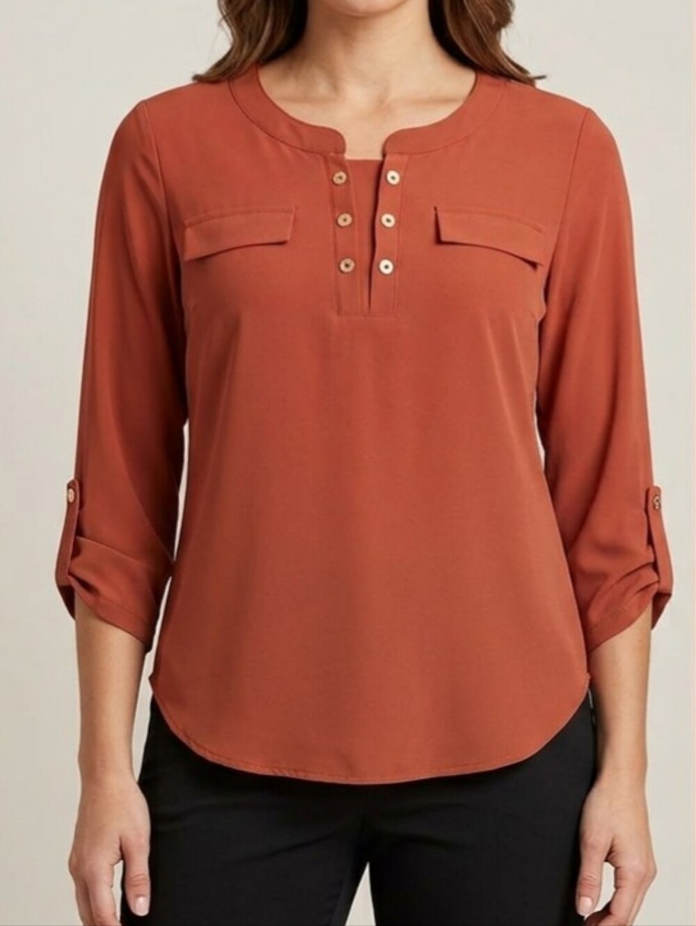 Perseption Concept Women's XL Solid Dust Orange Pullover Roll Tab Blouse